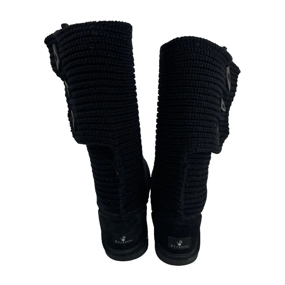 Bearpaw Knit Tall Boot Black Sheepskin Stretch Button Foldover Pull On Womens 9